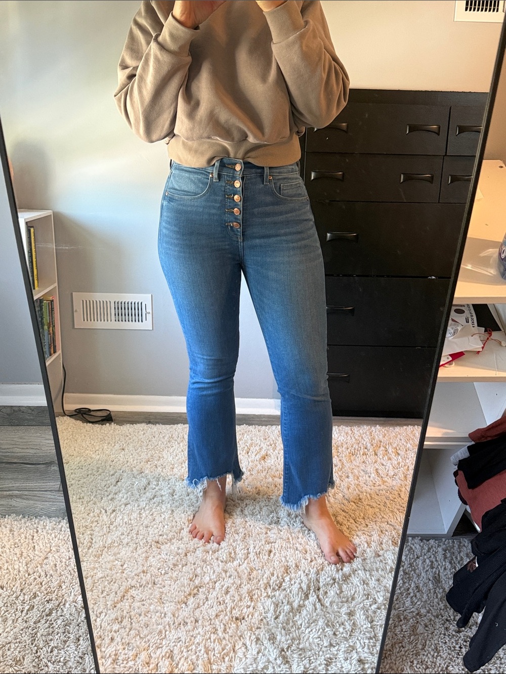 LOFT Medium Blue Button-Front Cropped Flare Jeans